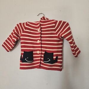 GAP Nautical Knit Striped Sweater Hooded Red White Coastal 6-12 Mos Whale Pocket
